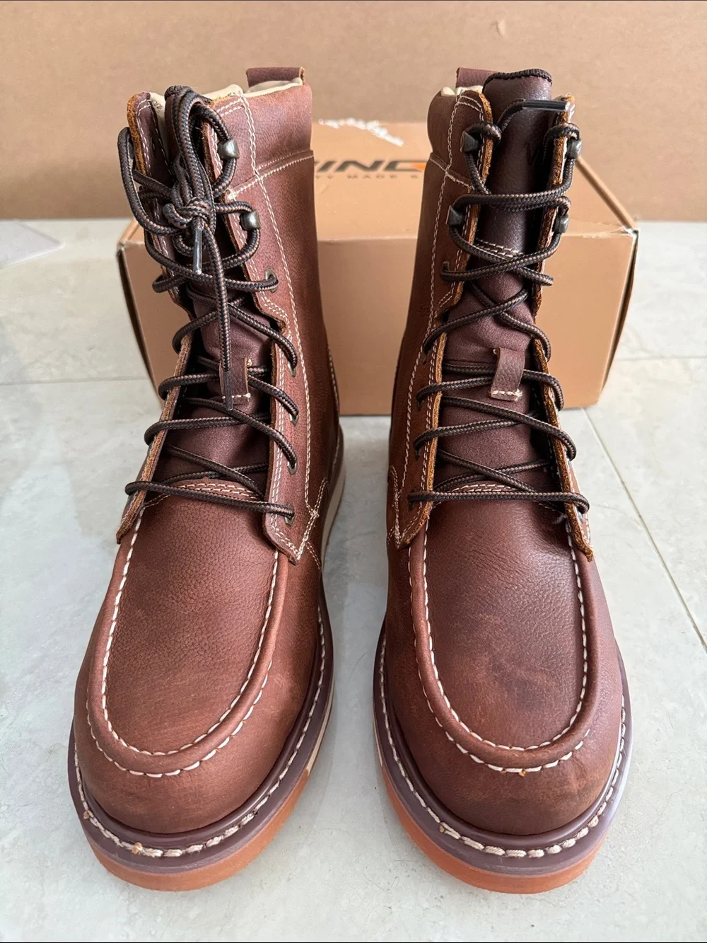 NINGO Steel Toe Full Grain Leather Brown Moc Toe Waterproof Work Boots 11 NEW!